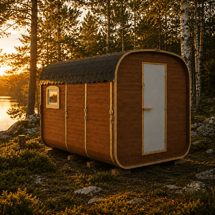 Pod de camping en bois installé dans un environnement naturel d’inspiration scandinave.