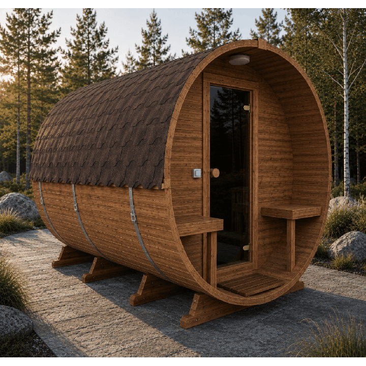 Sauna tonneau extérieur 3,4 m avec vestibule et terrasse – vue avant