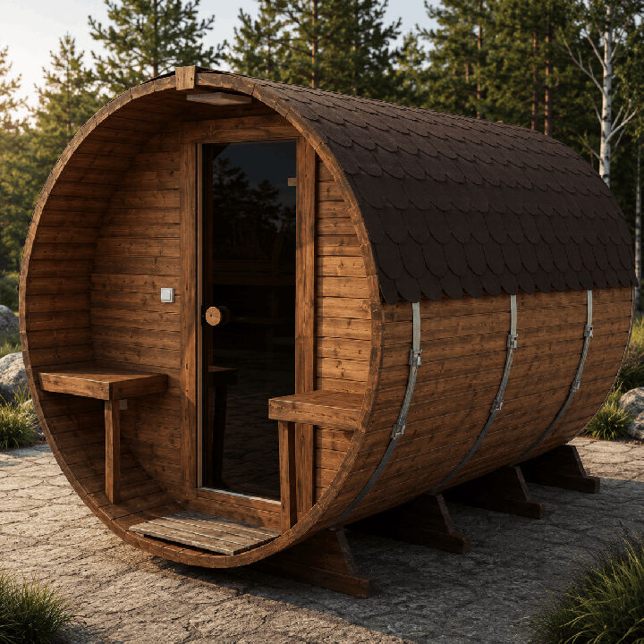 Sauna tonneau extérieur 3,4 m avec terrasse – vue latérale