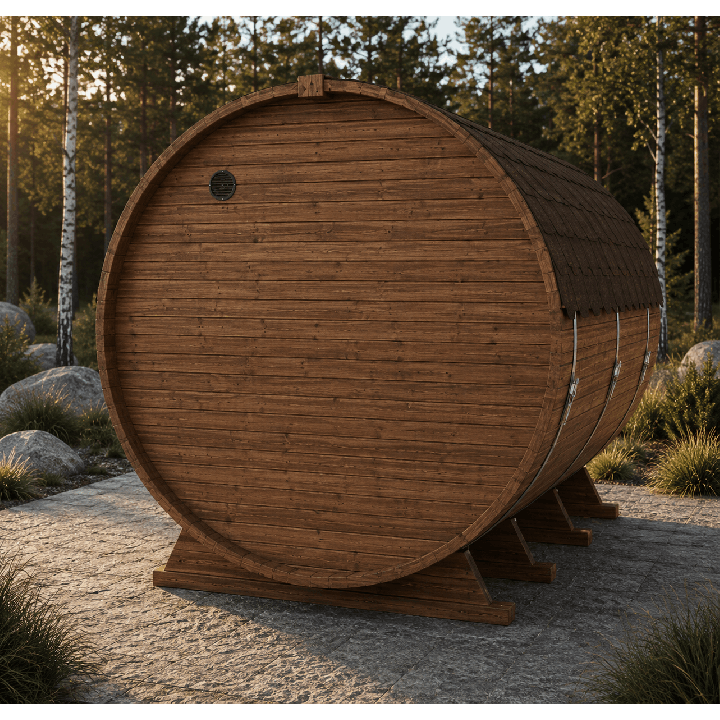 Vue arrière du sauna tonneau extérieur 3,4 m