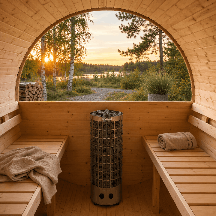 Intérieur du sauna tonneau 3,4 m avec poêle électrique