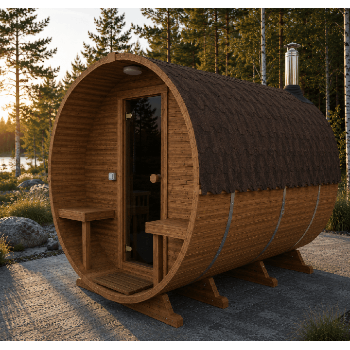 Sauna tonneau 3,4 m – Poêle à bois