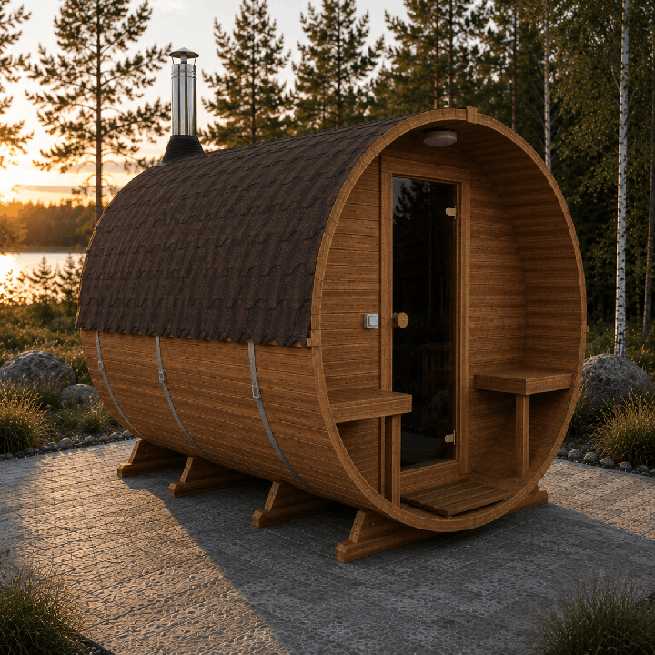 Sauna tonneau 3,4 m – Poêle à bois