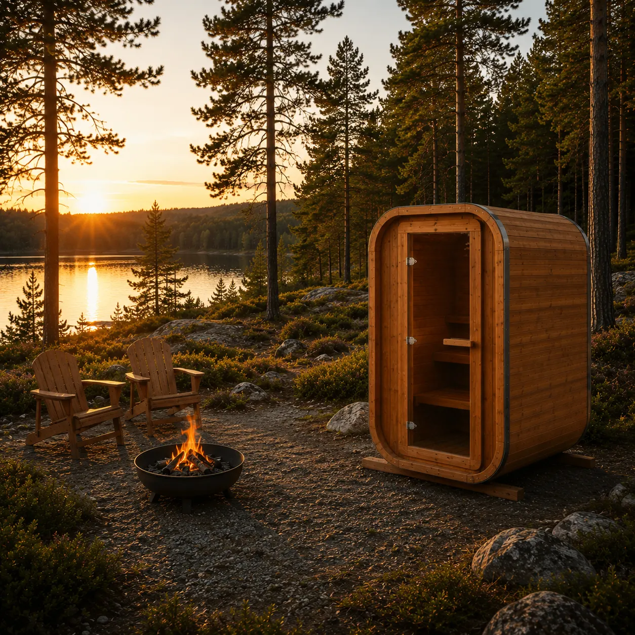 Mini-sauna Quadro 1,6 m avec poêle électrique Harvia BC60 installé dans un environnement nordique