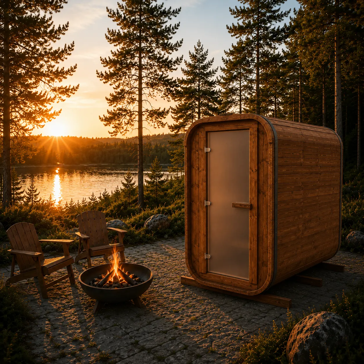 Sauna Cubio 2,4 m avec poêle électrique Harvia BC60 installé dans un environnement nordique