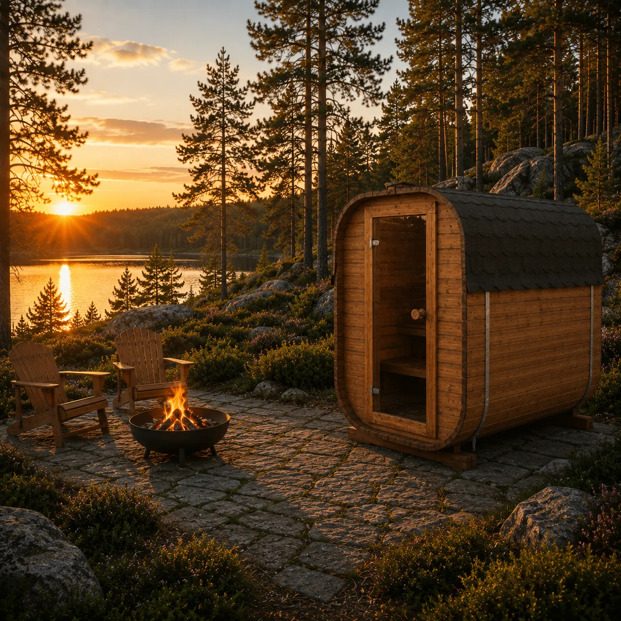 Sauna extérieur Quadro 1,8 m avec poêle électrique Harvia installé dans un environnement nordique