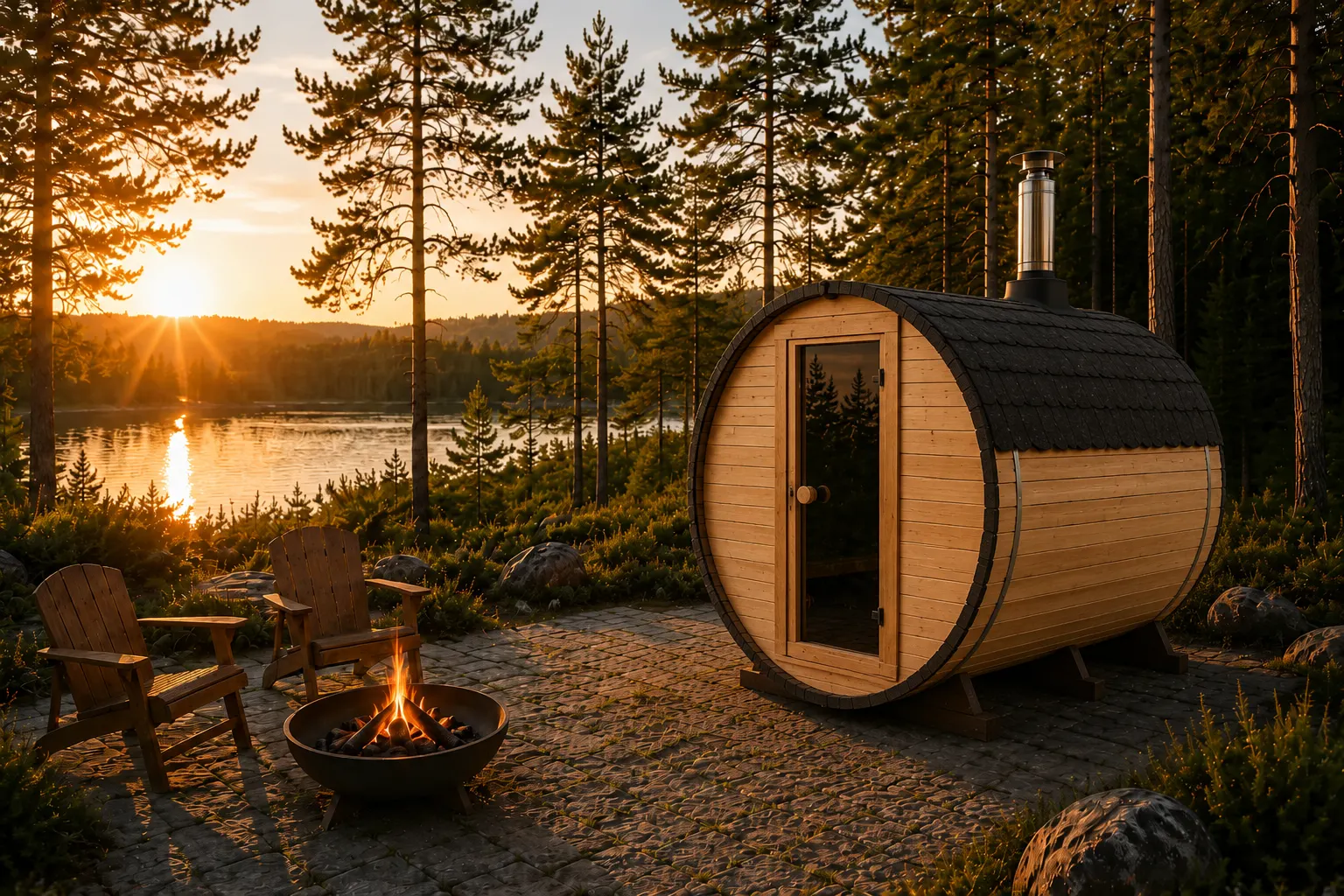 Sauna extérieur Quadro 1,8 m avec poêle à bois installé dans un environnement nordique