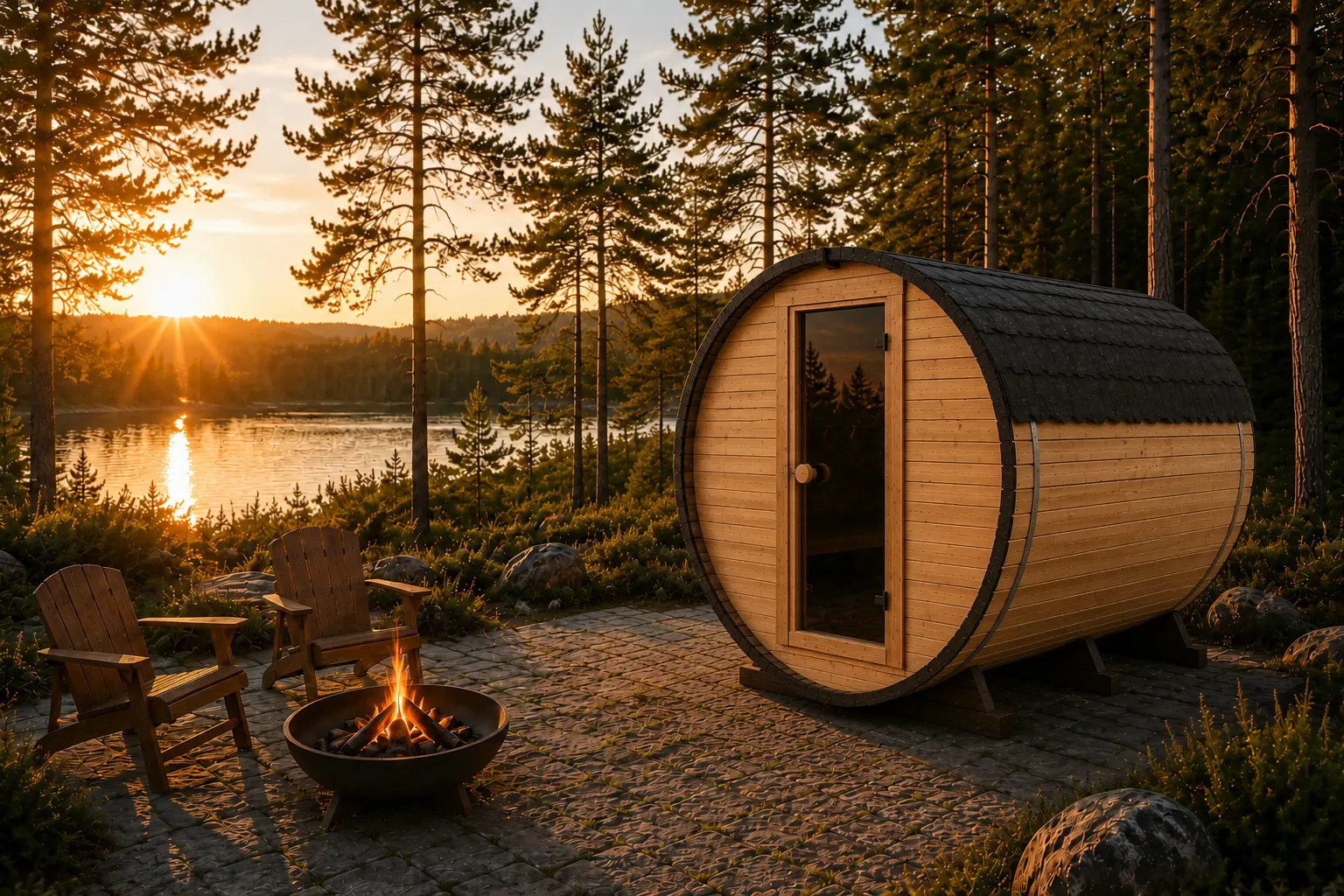 Sauna tonneau extérieur 1,8 m avec poêle électrique Harvia installé dans un environnement nordique