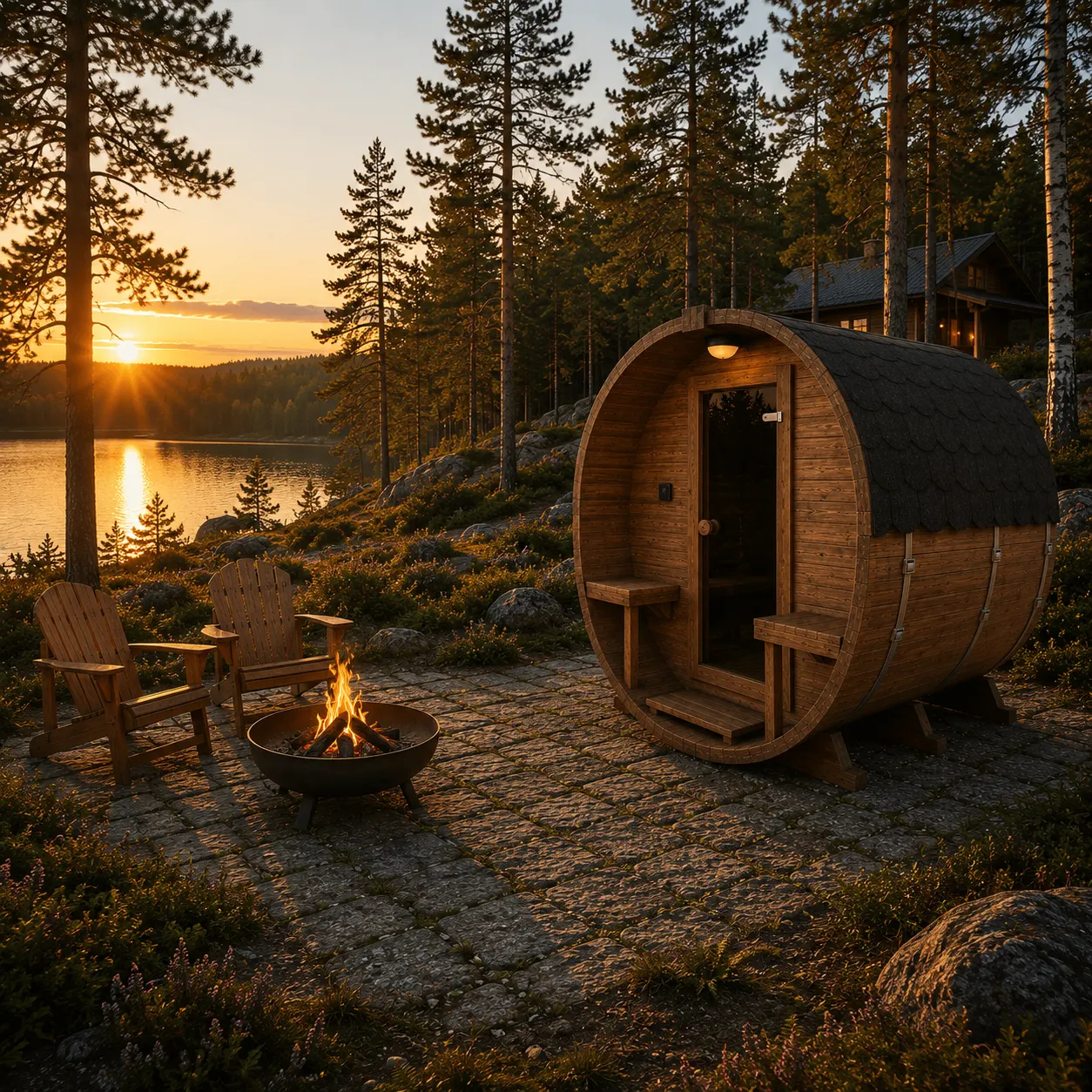 Sauna tonneau extérieur 2,4 m avec terrasse et poêle électrique installé dans un environnement nordique