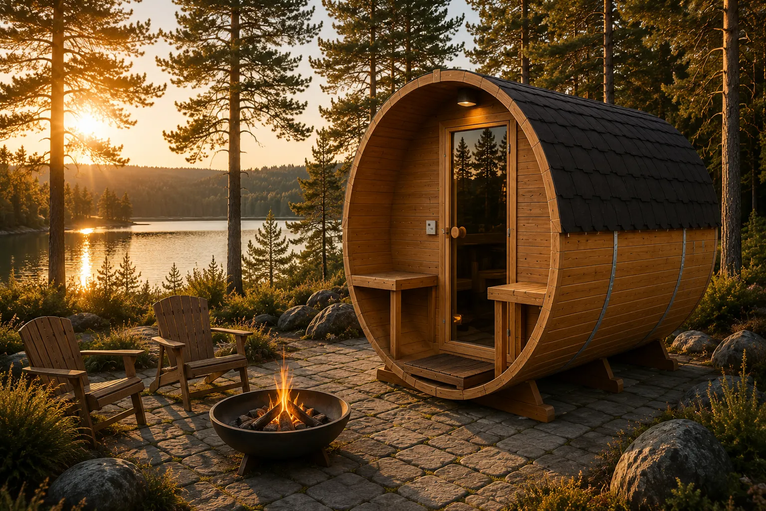 Sauna tonneau extérieur 3,4 m avec terrasse installé dans un environnement nordique