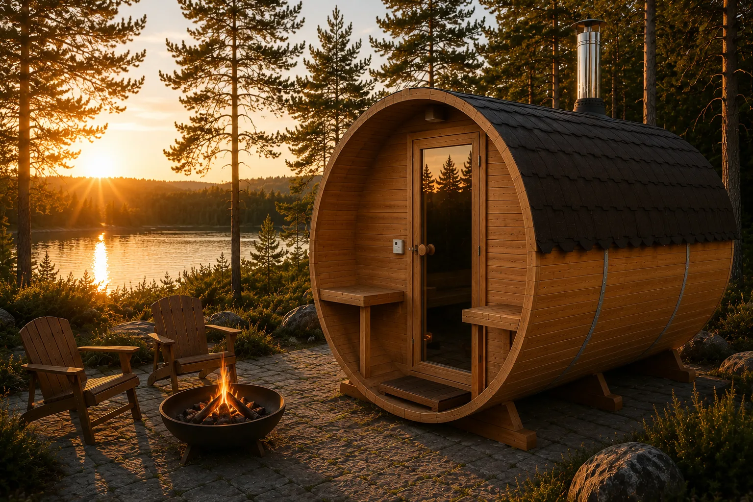 Sauna tonneau extérieur 3,4 m avec terrasse et poêle à bois installé dans un environnement nordique